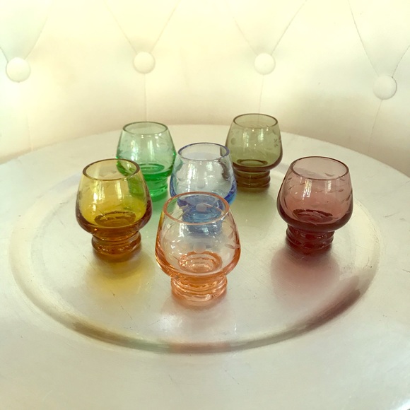 Other - Six Colorful Etched Glass Cordial/Shot Glasses